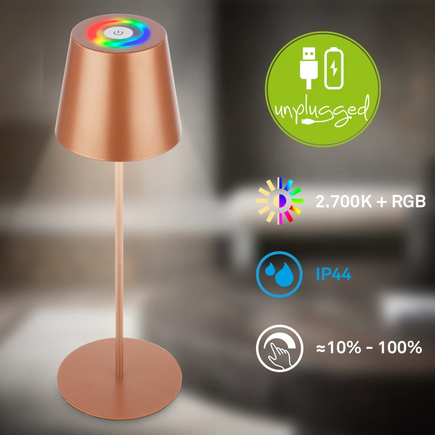 Briloner 7510013 - Lámpara de mesa recargable para exterior CALIDA LED RGBW regulable, 2,5W/5V, IP44, 1200 mAh, color bronce