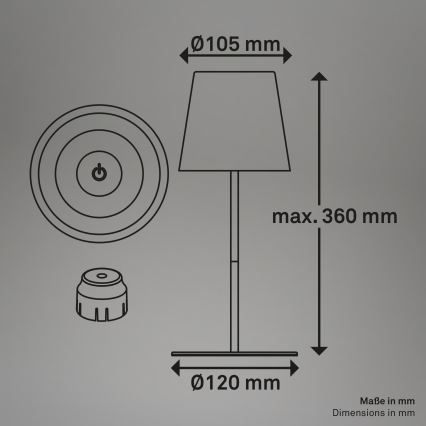 Briloner 7510013 - Lámpara de mesa recargable para exterior CALIDA LED RGBW regulable, 2,5W/5V, IP44, 1200 mAh, color bronce