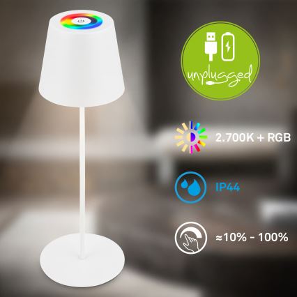 Briloner 7510016 - Lámpara de mesa recargable para exterior LED RGBW regulable CALIDA LED/2,5W/5V IP44 1200 mAh blanca