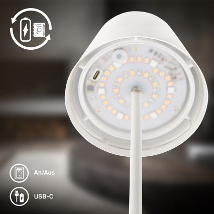 Briloner 7510016 - Lámpara de mesa recargable para exterior LED RGBW regulable CALIDA LED/2,5W/5V IP44 1200 mAh blanca