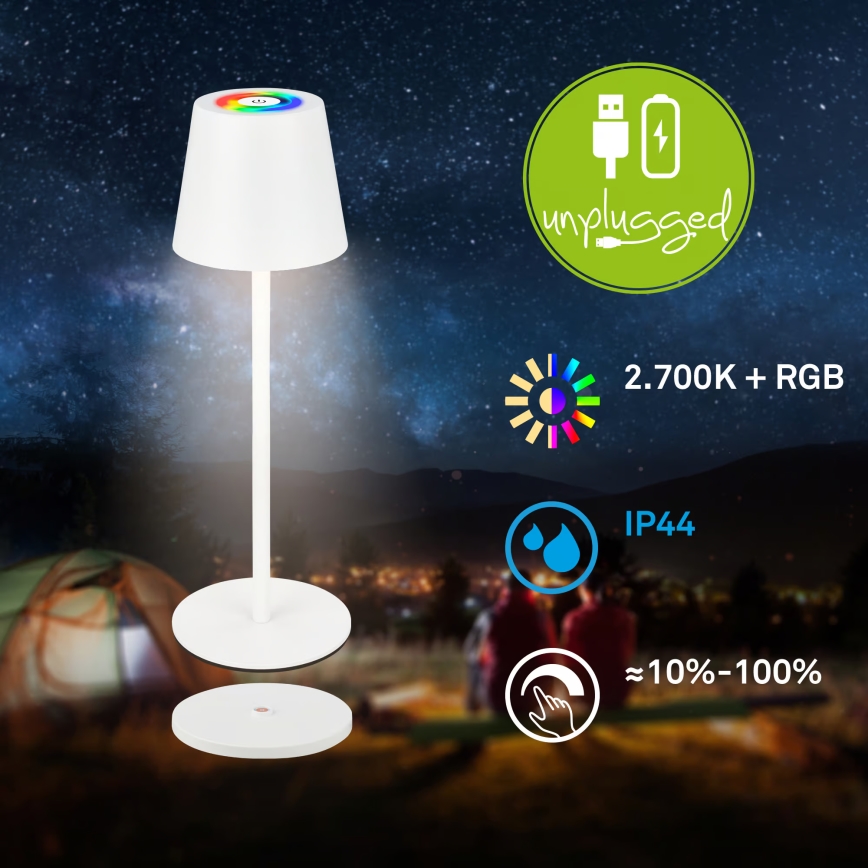 Briloner 7517016 - Lámpara de mesa recargable para exterior LED RGBW regulable CILANO LED/3W/5V IP44 2000 mAh blanco