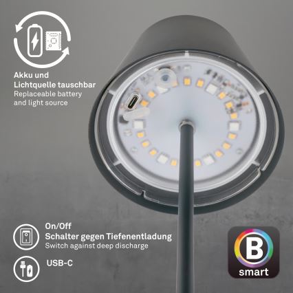 Briloner 7559015 - Lámpara de mesa recargable para exterior LED RGB regulable COLORIS LED/3,5W/5V IP44 2000 mAh antracita Wi-Fi Tuya