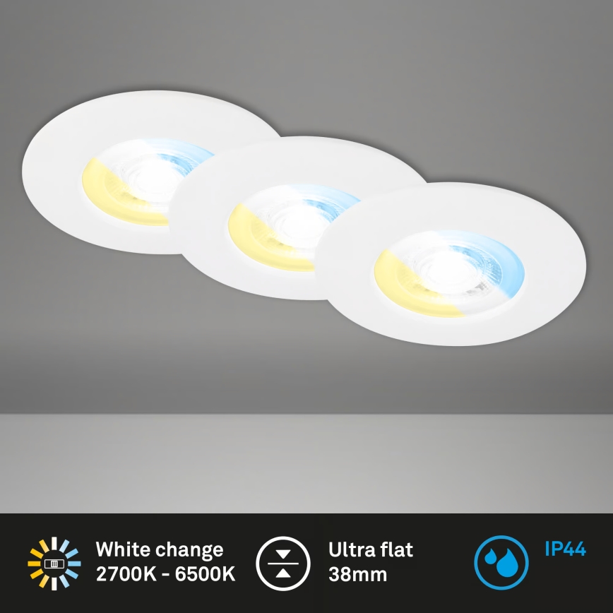 Briloner 7605036 - Juego de 3 downlights empotrables para baño LED/4,9W/230V 2700/4000/6500K IP44 blanco