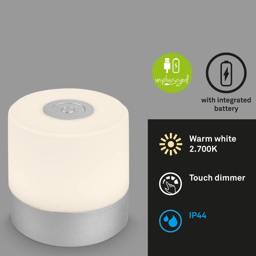 Briloner - Lámpara de mesa LED recargable y regulable para exterior con control táctil, 2W/5V, 2700K, IP44, 1200 mAh, cromo mate