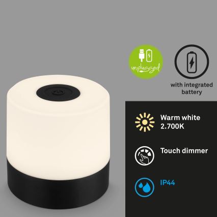 Briloner - Lámpara de mesa LED recargable y regulable con control táctil para exterior LED/2W/5V 2700K IP44 1200 mAh negra