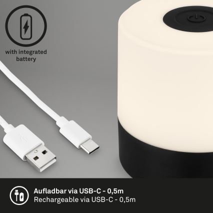 Briloner - Lámpara de mesa LED recargable y regulable con control táctil para exterior LED/2W/5V 2700K IP44 1200 mAh negra