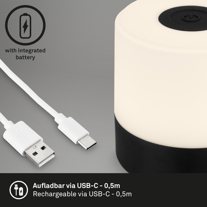 Briloner - Lámpara de mesa LED recargable y regulable con control táctil para exterior LED/2W/5V 2700K IP44 1200 mAh negra