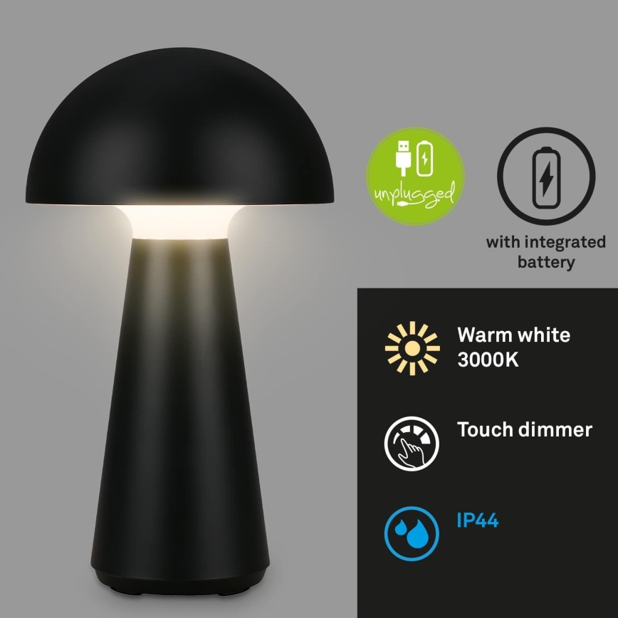 Briloner - Lámpara de mesa para exterior LED táctil recargable y regulable LED/2,6W/5V 3000K IP44 2000 mAh negra