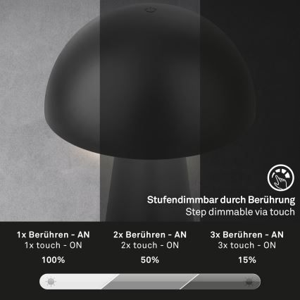 Briloner - Lámpara de mesa para exterior LED táctil recargable y regulable LED/2,6W/5V 3000K IP44 2000 mAh negra