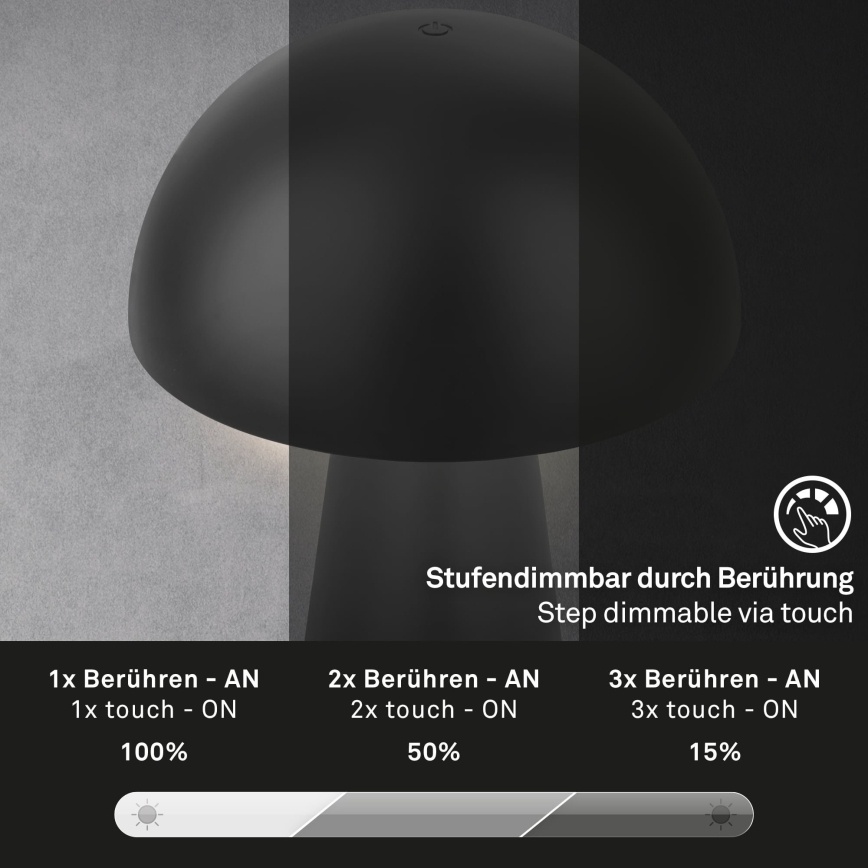 Briloner - Lámpara de mesa para exterior LED táctil recargable y regulable LED/2,6W/5V 3000K IP44 2000 mAh negra