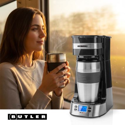 Butler - Cafetera para una taza de 0,4 l con temporizador y termo de viaje 750W/230V acero inoxidable/negro