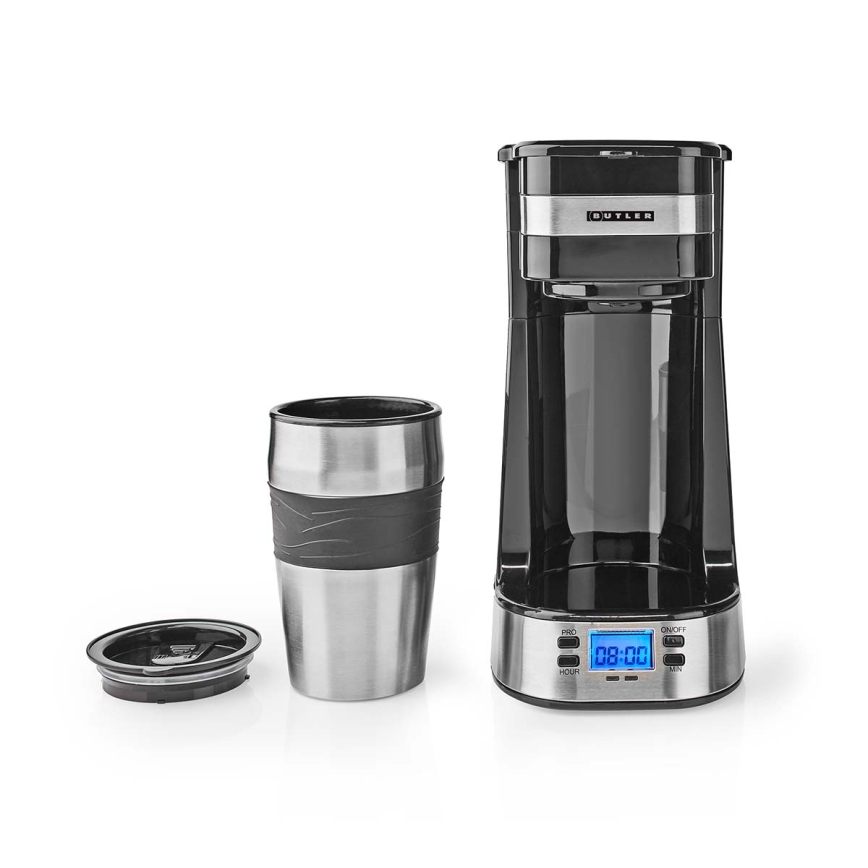 Butler - Cafetera para una taza de 0,4 l con temporizador y termo de viaje 750W/230V acero inoxidable/negro