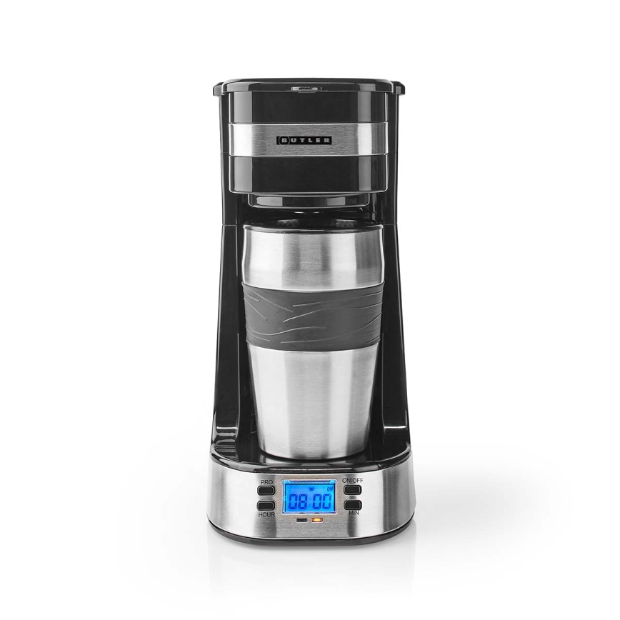 Butler - Cafetera para una taza de 0,4 l con temporizador y termo de viaje 750W/230V acero inoxidable/negro