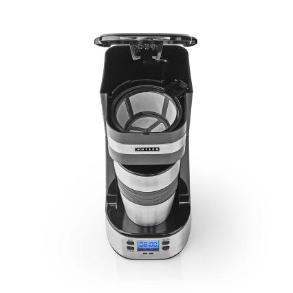 Butler - Cafetera para una taza de 0,4 l con temporizador y termo de viaje 750W/230V acero inoxidable/negro