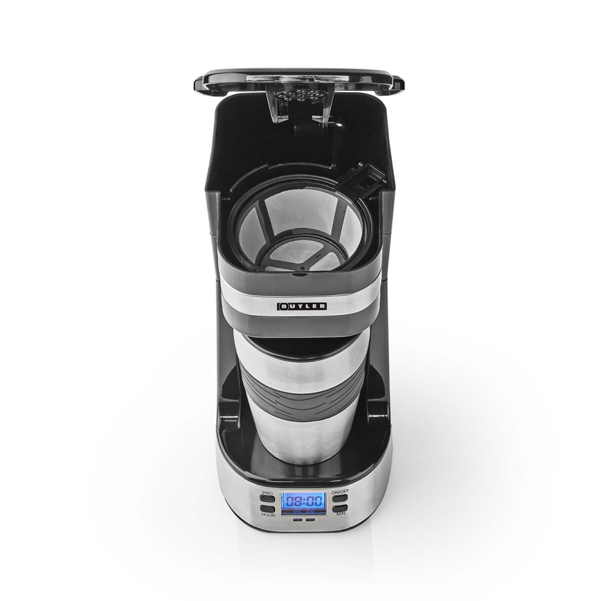 Butler - Cafetera para una taza de 0,4 l con temporizador y termo de viaje 750W/230V acero inoxidable/negro