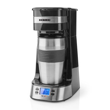 Butler - Cafetera para una taza de 0,4 l con temporizador y termo de viaje 750W/230V acero inoxidable/negro