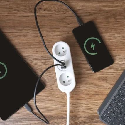 Cable de extensión con 2 enchufes, 2 puertos USB-A y USB-C, 1,4 m