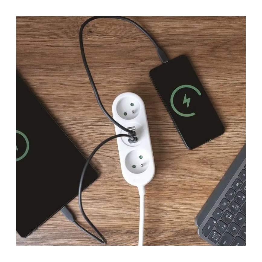 Cable de extensión con 2 enchufes, 2 puertos USB-A y USB-C, 1,4 m