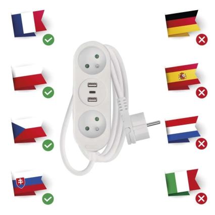 Cable de extensión con 2 enchufes, 2 puertos USB-A y USB-C, 1,4 m