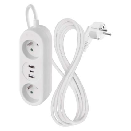 Cable de extensión con 2 enchufes, 2 puertos USB-A y USB-C, 1,4 m
