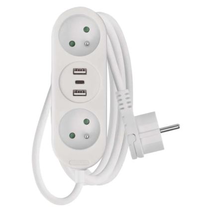 Cable de extensión con 2 enchufes, 2 puertos USB-A y USB-C, 1,4 m