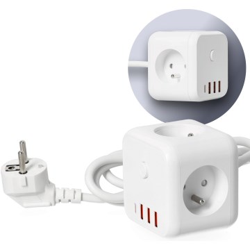 Cable de extensión cubo con interruptor LINEA 3x230V + 4xUSB A/C blanco