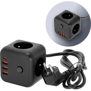 Cable de extensión cubo con interruptor LINEA 3x230V + 4xUSB A/C negro