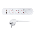 Cable de extensión de 2 m con interruptor, 3 enchufes y puertos de carga USB tipo A y tipo C