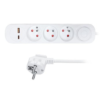 Cable de extensión de 2 m con interruptor, 3 enchufes y puertos de carga USB tipo A y tipo C