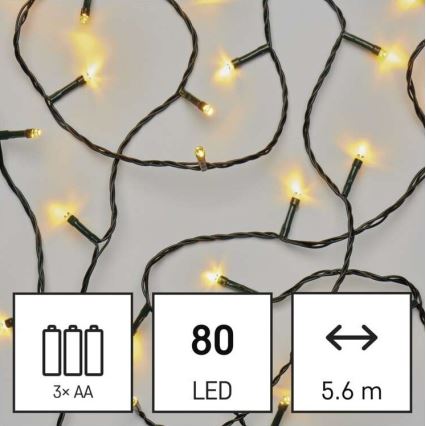 Cadena de luces LED exterior 80xLED/3xAA 6,1m IP44 blanco cálido