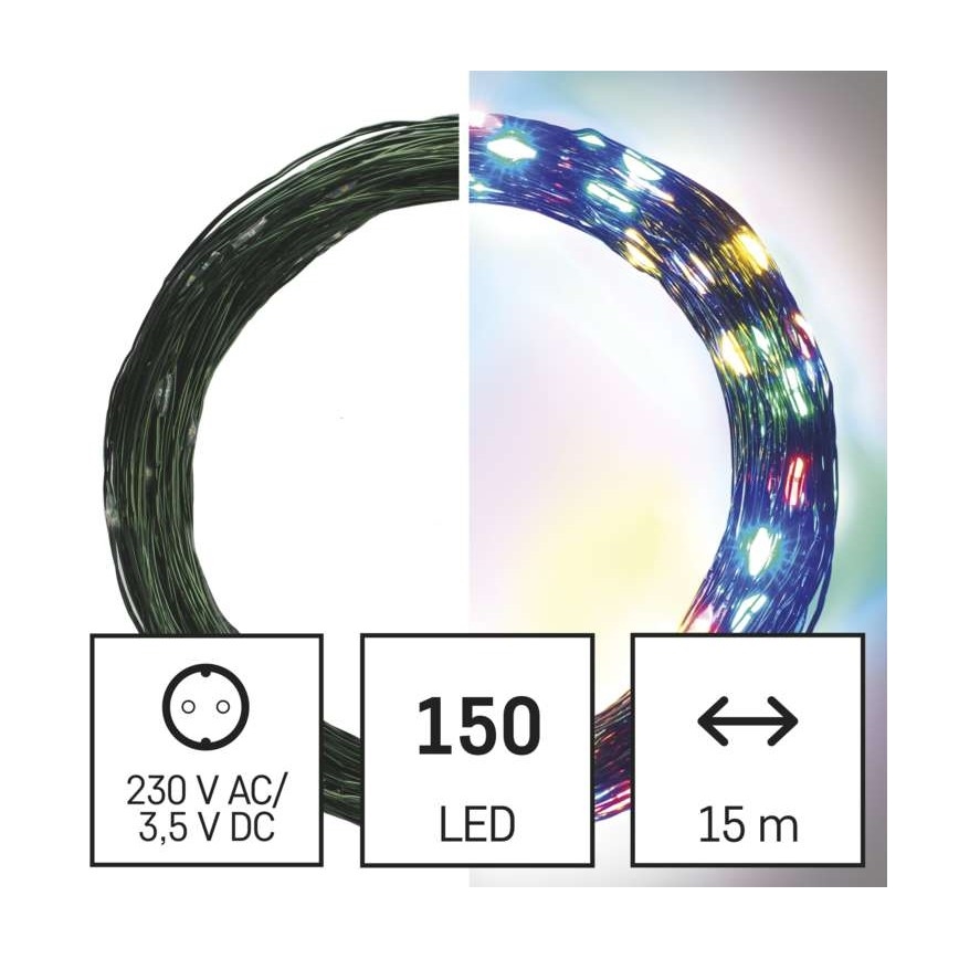 Cadena de luces LED navideña para exterior, 150 LEDs / 20 m, IP44, multicolor