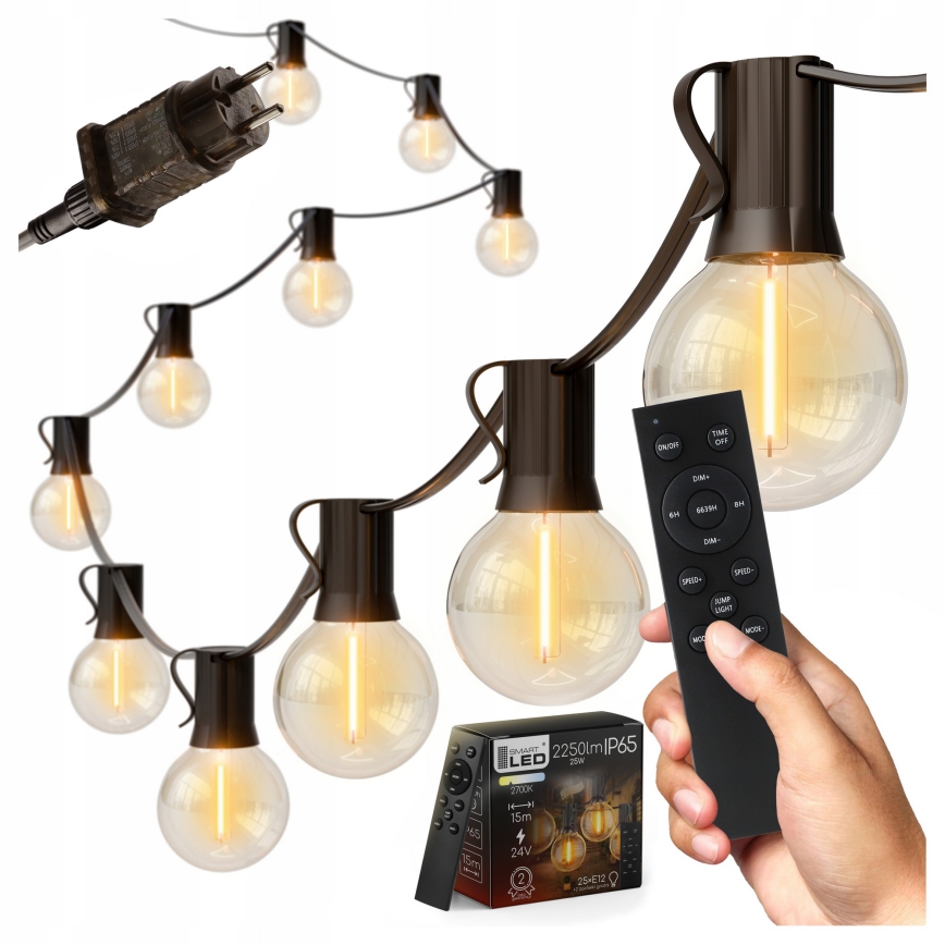 Guirnalda decorativa LED regulable para exterior, 25 x casquillo E12/1 W/24/230 V, 17,5 m, IP65, negra + mando a distancia