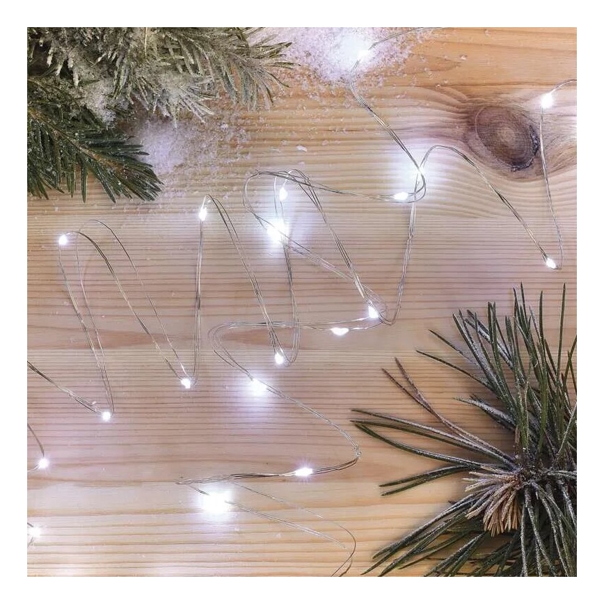 Cadena luminosa LED, 20 LEDs, alimentada por 2 pilas AA, 2,4 m, blanco frío