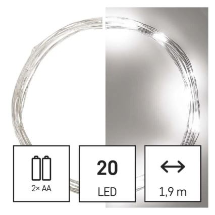 Cadena luminosa LED, 20 LEDs, alimentada por 2 pilas AA, 2,4 m, blanco frío