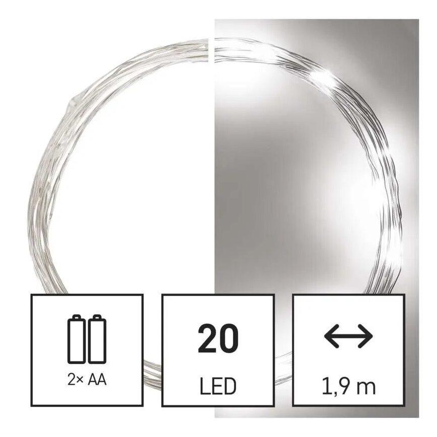 Cadena luminosa LED, 20 LEDs, alimentada por 2 pilas AA, 2,4 m, blanco frío