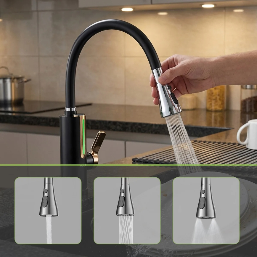 Calentador de agua instantáneo con pantalla LED 3000 W/230 V IPX4 negro/dorado