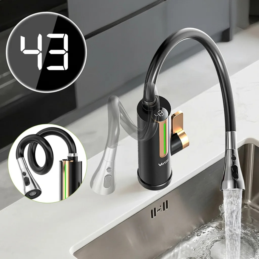 Calentador de agua instantáneo con pantalla LED 3000 W/230 V IPX4 negro/dorado