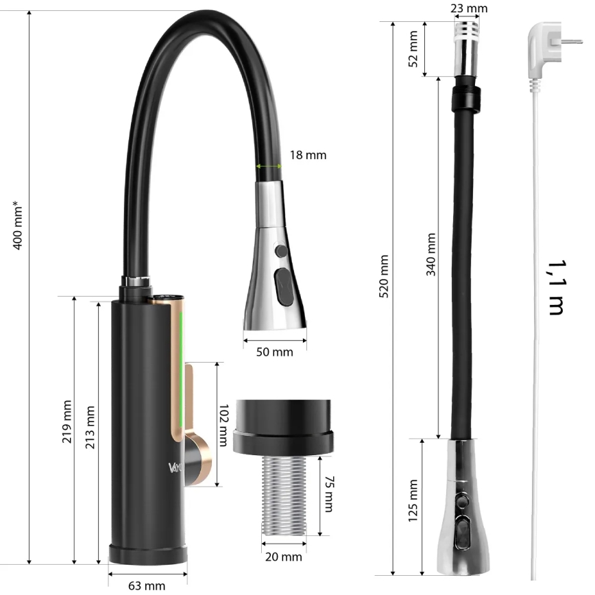 Calentador de agua instantáneo con pantalla LED 3000 W/230 V IPX4 negro/dorado