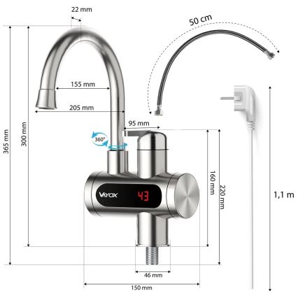 Calentador de agua instantáneo con pantalla LED 3000W/230V IPX4 acero inoxidable