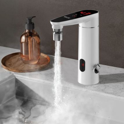 Calentador de agua instantáneo táctil con sensor y pantalla LED 3000W/230V IPX4 blanco