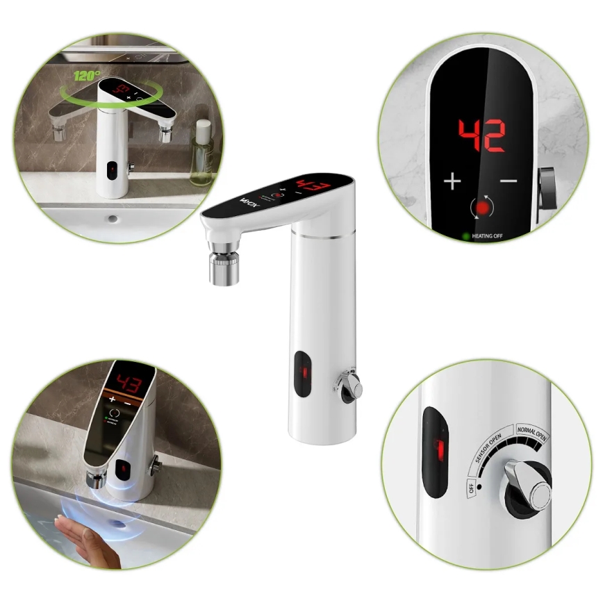 Calentador de agua instantáneo táctil con sensor y pantalla LED 3000W/230V IPX4 blanco