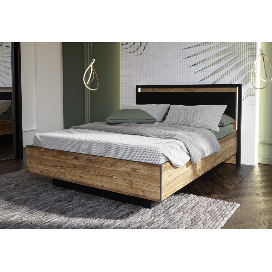 Cama doble con espacio de almacenamiento OREN 140x200 cm, marrón/negro