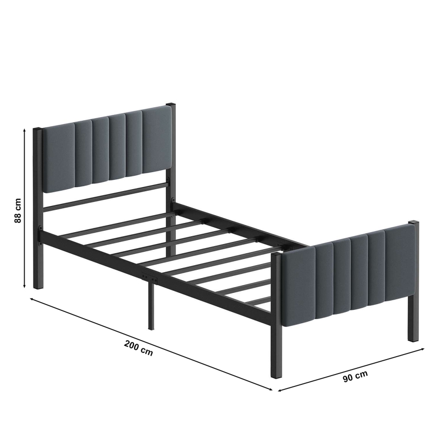 Cama individual metálica LUNOR 90x200 cm, antracita, capacidad de carga 120 kg
