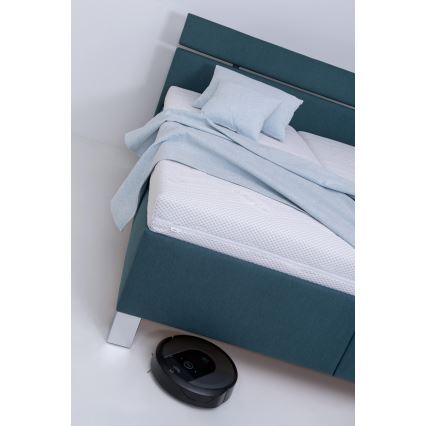 Cama tapizada ALIS 160x200 cm con colchón y práctico espacio de almacenamiento en azul petróleo