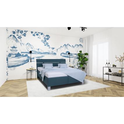 Cama tapizada ALIS 160x200 cm con espacio de almacenamiento, sin colchón, color azul petróleo
