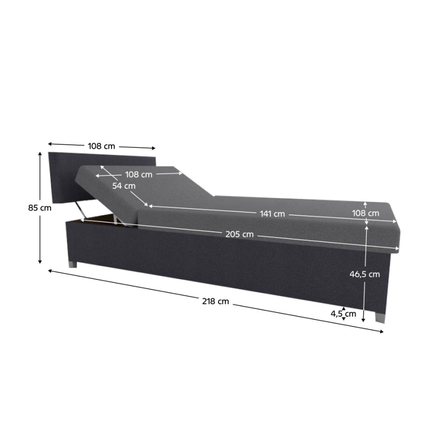 Cama diván tapizada DALLAS 108x205 cm, con ajuste de posición y espacio de almacenamiento, gris/antracita