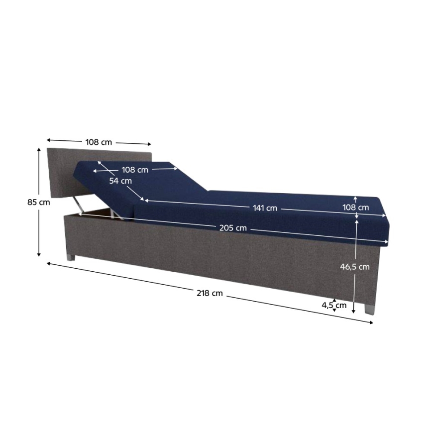 Cama tapizada tipo diván con respaldo regulable y arcón de almacenamiento DALLAS 108x205 cm gris/azul