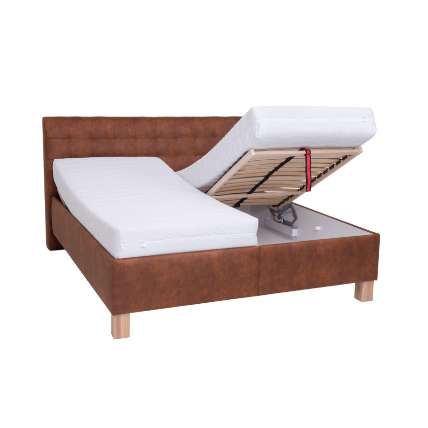 Cama tapizada VIOLET 160x200 cm con colchón y espacio de almacenamiento, marrón coñac