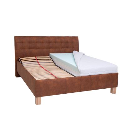 Cama tapizada VIOLET 160x200 cm con colchón y espacio de almacenamiento, marrón coñac
