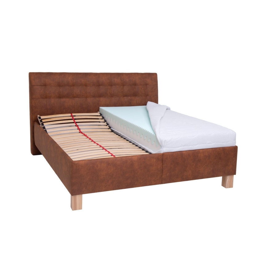 Cama tapizada VIOLET 160x200 cm con colchón y espacio de almacenamiento, marrón coñac